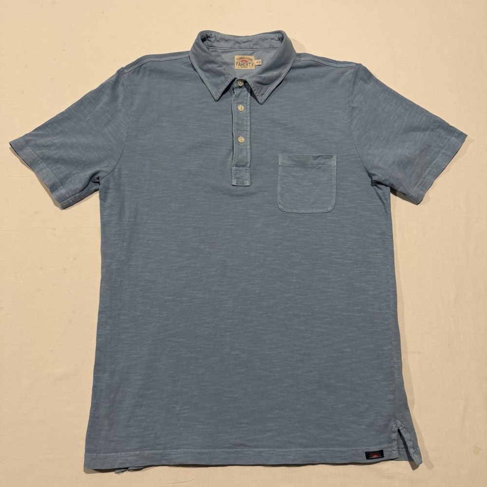 Faherty Brand Mens M Medium Sunwashed Pocket Polo Shirt Blue Slub Cotton Peru